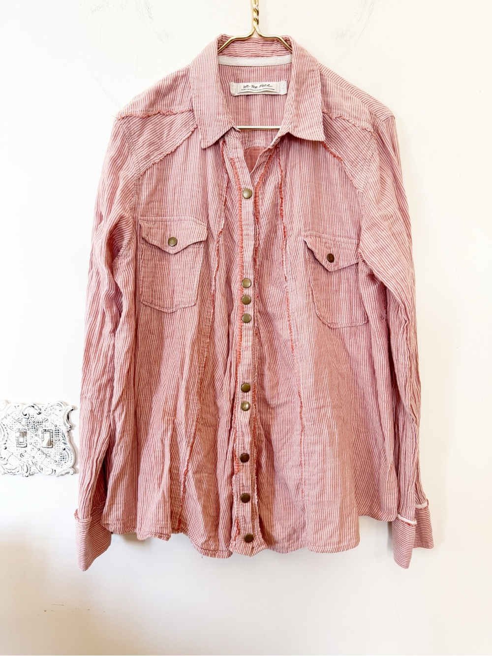 Free People We the Free Oversized Coral Pink Striped Frayed Snap Western Shirt X